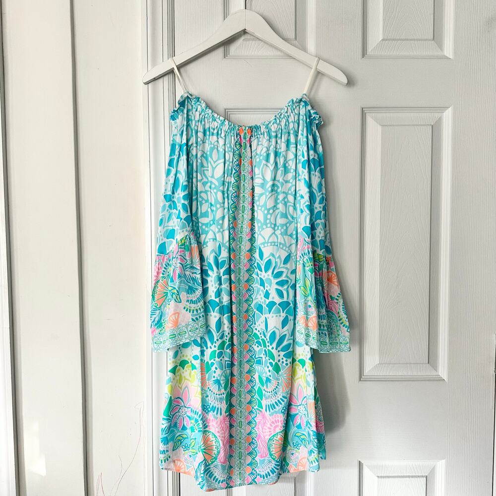 Lilly Pulitzer Nevie Blue Off Shoulder Bell Sleeve Dress Multi Caribbean Citrus - Picture 2 of 9